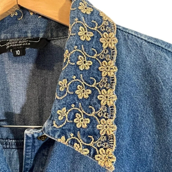 PG Collections Vintage Denim Button Down Dress 10 Metallic Embroidered Collar - Picture 7 of 10